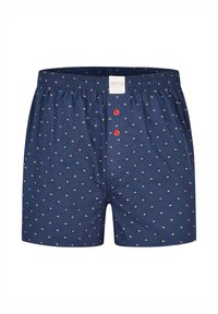 Tmavě modré boxerky s opakujícím se vzorem malých, vícebarevných teček, s knoflíkovým rozparkem a elastickým pasem.