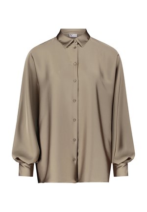 Satynowa bluzka w kolorze taupe z klasycznym kołnierzykiem, pełnym zapięciem na guziki, długimi bufiastymi rękawami i luźnym krojem. Miękka tekstura i gładki połysk.