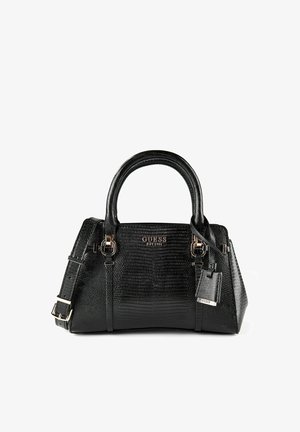 Schwarze Guess-Handtasche aus strukturiertem Leder mit zwei Griffen, verstellbarem Schulterriemen und metallischem Logoplateau auf der Vorderseite.