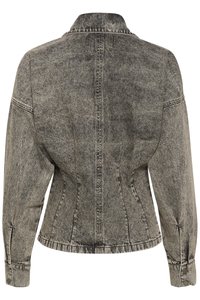 Denim jacket in gray wash, with a fitted shape, long sleeves, button cuffs, and a pointed collar. Features visible stitching and side seams.
