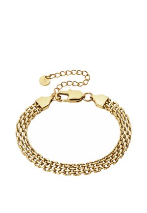 Bracelet ton or avec trois chaînes reliées entre elles, doté d'un fermoir mousqueton et d'une chaîne d'extension réglable avec une petite étiquette ronde.