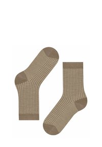 Beżowe skarpetki bawełniane z wzorem siatki, kontrastowe sekcje palców i pięt oraz gładką teksturą. Projekt zawiera prążkowany mankiet dla lepszego dopasowania.