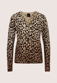 Langärmliger V-Ausschnitt Pullover mit beigem Hintergrund und einem dunklen braunen und schwarzen Leopardenmuster.