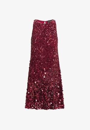 Vestido rojo con lentejuelas, de escote redondo y sin mangas. Presenta una silueta ajustada con un brillo texturizado gracias a las lentejuelas.