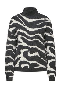 Grijze en witte coltrui met een golvend zebrapatroon, geribbelde mouwen en kraag, en een gestructureerde breimateriaal.