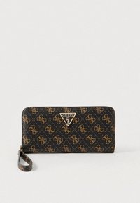 Portofel negru din piele ecologică, cu model de logo maro, accesorii aurii, plăcuță cu logo și o curea de mână pentru o purtare ușoară.