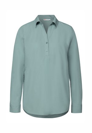 Camicia a maniche lunghe con colletto in morbido tessuto blu-verde, dotata di una placca con bottoni a metà e orlo arrotondato per un fit rilassato.
