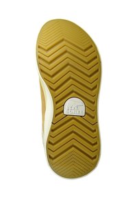 Rubber shoe sole in yellow with a zigzag tread pattern. Features a white logo patch with a bear figure at the center.