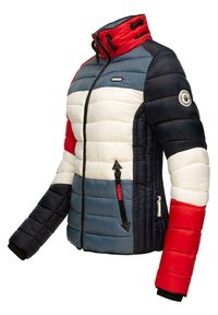 Prošívaná bunda s barevným blokovým designem v červené, tmavě modré, bílé a tyrkysové barvě. Má zip na přední straně a elastické manžety. Kapuce s nastavitelným stahováním na šňůrku.