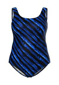 Maillot de bain une pièce à rayures diagonales bleues et noires avec larges bretelles.