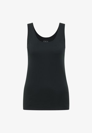 Débardeur noir sans manches avec encolure dégagée, coupe ajustée et tissu lisse.