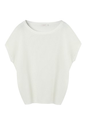 Weißer Strickpullover mit kurzen Ärmeln, lockerem Schnitt und rundem Ausschnitt, vor einem einfarbigen Hintergrund präsentiert.