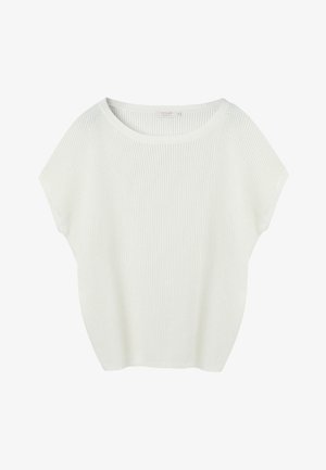 Pull blanc à manches courtes en maille avec une coupe ample et un col rond, présenté sur un fond uni.
