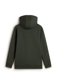 Hoodie in cotone verde scuro con tasca a marsupio, cappuccio regolabile con cordino e polsini e orlo a coste. Texture liscia, design casual.