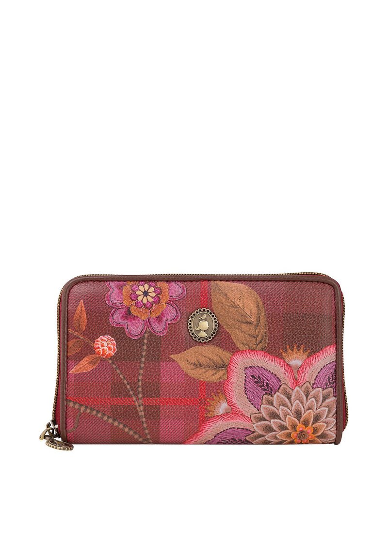 Rotes Geldbeutel mit geprägten Blumen- und Blattmustern, Reißverschluss und bronzefarbenen Hardware-Akzenten auf der Vorderseite.