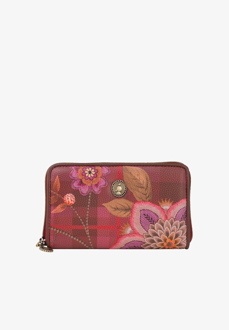 Rotes Geldbeutel mit geprägten Blumen- und Blattmustern, Reißverschluss und bronzefarbenen Hardware-Akzenten auf der Vorderseite.