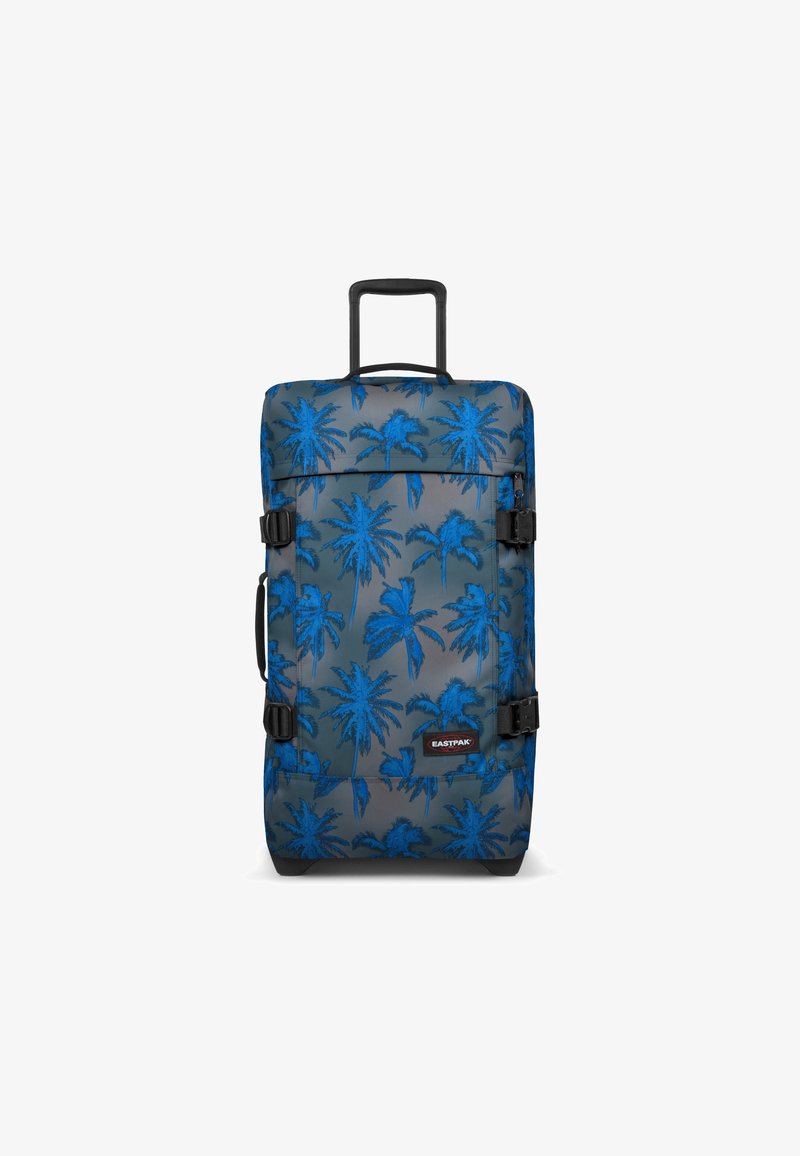 Rolkoffer met blauw palmboompatroon op grijze stof, zwarte hardware, bovenhandvat en twee zijcompressiebanden.