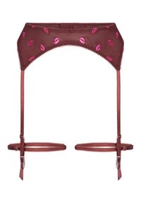 Μπορντό δαντελένια ζαρτιέρα με ροζ κεντημένο σχέδιο σε σχήμα χειλιών, με ρυθμιζόμενους σατέν ιμάντες και κυματιστά άκρα για επιπλέον λεπτομέρεια.