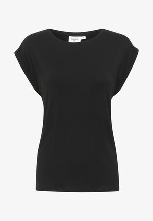 Black short-sleeve t-shirt made of soft fabric with a round neckline and loose fit, featuring rolled sleeves for a relaxed look.