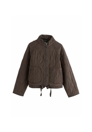 Brown quilted jacket with a zip front, high collar, and two front pockets. Features drawstring hem and textured pattern throughout.