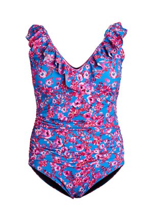 Badpak met bloemendessin in felblauw met roze bloemen. Voorzien van geruite bandjes en geplooide zijkanten voor een aansluitende pasvorm. Rekbare stof.