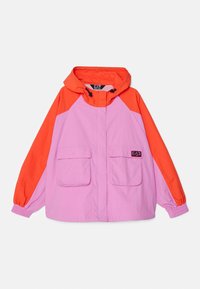 Color-blocked jacket featuring pink fabric with orange sleeves, an adjustable hood, elastic cuffs, and two front pockets. EA7 logo on pocket.