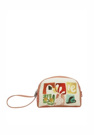 Pequeño bolso de muñeca con bloques abstractos multicolores y diseños botánicos, con correa para la muñeca y cierre de cremallera.