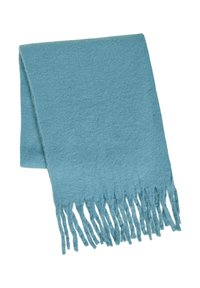 Jasnoniebieski szalik wykonany z miękkiego, teksturowanego materiału, z frędzlami na krawędziach i prostokątnym kształtem. Odpowiedni do noszenia na co dzień.