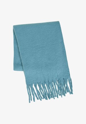 Lichtblauwe sjaal van zacht, gestructureerd materiaal, met franjes aan de randen en een rechthoekige vorm. Geschikt voor casual gebruik.