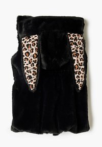 Zwart neppelzen vest met luipaardprint stof op de oren. Zachte textuur en mouwloos ontwerp. Heeft een ronde kraag en cropped lengte.