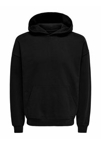 Czarna bluza z kapturem z przestronną przednią kieszenią, ściągaczami na rękawach i na dole. Wykonana z miękkiego, teksturowanego materiału. Prosty design.