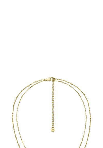 Χρυσόχρωμο κολιέ πολλαπλών επιπέδων που διαθέτει τρεις κλωστές διαφόρων μηκών, με υφασμάτινες χάντρες και ένα μικρό κυκλικό γούρι. Κλείσιμο με ασφαλές κούμπωμα.