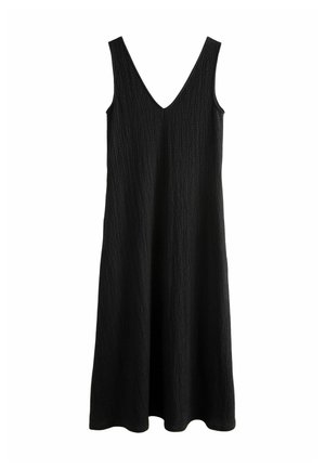 Schwarzes, ärmelloses Kleid mit einem V-Ausschnitt. Aus strukturiertem Stoff gefertigt, hat es eine lockere Passform und eine ausgestellte Silhouette, die bis zur Mitte der Wade reicht.