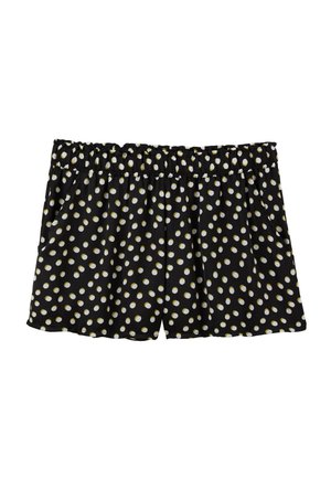 Shorts noirs avec une taille élastique, présentant un motif à pois blancs et jaunes. Fabriqués en tissu léger, avec des poches latérales.