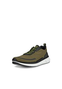 Men's running shoe in olive green with black accents. Features a lightweight mesh upper, padded collar, and white cushioned sole.