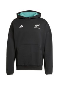 Sort hætte sweatshirt med en turkis inderside, prydet med All Blacks-logoet og Adidas-mærket. Fremstillet af et glat, strækbart materiale.
