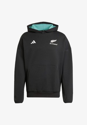 Schwarzer Kapuzenpullover mit türkisfarbenem Innenfutter, versehen mit dem Logo der All Blacks und Adidas-Branding. Hergestellt aus einem glatten, dehnbaren Material.