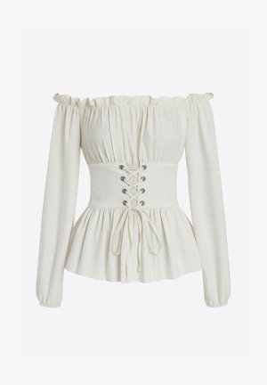 Bluzka z odkrytymi ramionami z kremowej tkaniny z długimi, marszczonymi rękawami. Dopasowany gorset z przodu ze sznurowaniem i rozszerzanym dołem typu peplum.