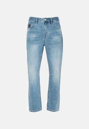 Lyseblå denimjeans med rett ben-design, som har en klassisk femlommers stil, metallhardware og falmede teksturer gjennom hele.