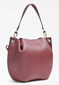 Bordowa skórzana torebka o miękkim, zaokrąglonym kształcie. Posiada jeden pasek na ramię oraz złote akcenty metalowe. Detaile o teksturowanej powierzchni.