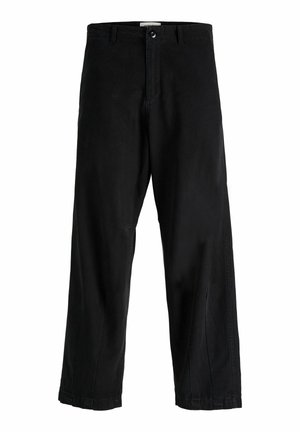 Pantalones de pierna ancha negros de algodón. Presentan un cierre delantero con botón, trabillas para cinturón y detalles cosidos a lo largo de las costuras.