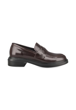 Dark brown leather loafer with black chunky sole and low heel, side view showing stitched details on upper.