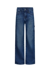 Jeans in denim blu a gamba larga con una finitura sbiadita, cinque tasche, chiusura con bottone e una tasca laterale cargo per una maggiore utilità.