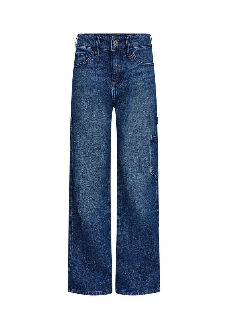 Jeans in denim blu a gamba larga con una finitura sbiadita, cinque tasche, chiusura con bottone e una tasca laterale cargo per una maggiore utilità.