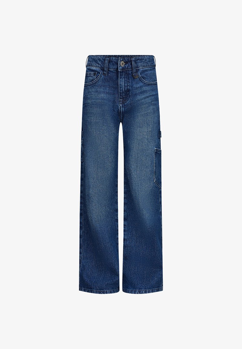 Jeans in denim blu a gamba larga con una finitura sbiadita, cinque tasche, chiusura con bottone e una tasca laterale cargo per una maggiore utilità.