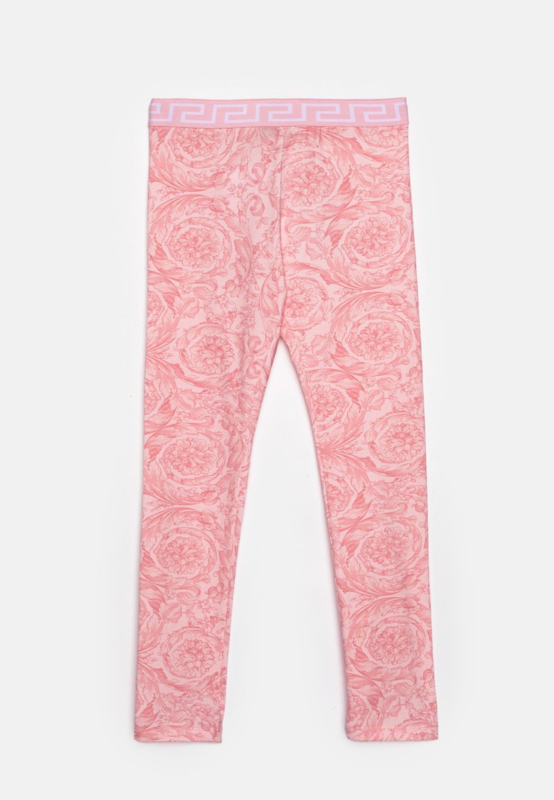 Pink leggings with a floral pattern, featuring a textured print. The waist has a light pink band with geometric accents.