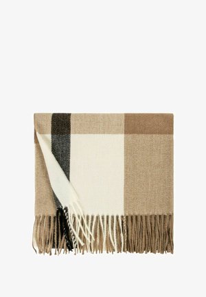 Sciarpa di lana con motivo a quadri in beige, crema, nero e marrone, ripiegata con frange alle estremità.