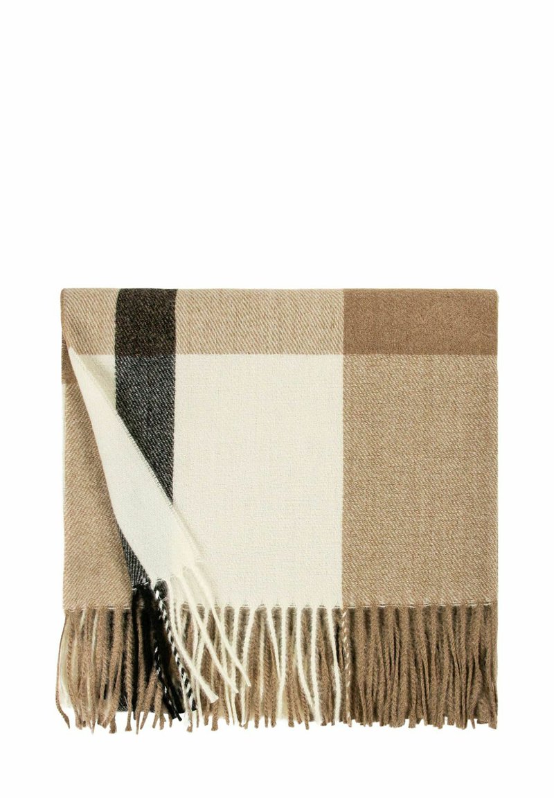 Sciarpa di lana con motivo a quadri in beige, crema, nero e marrone, ripiegata con frange alle estremità.