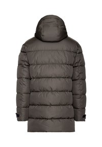 Dunkelgraue Pufferjacke mit Kapuze, ausgestattet mit einem gesteppte Design, elastischen Bündchen und einem geraden Schnitt mit matter Oberfläche.