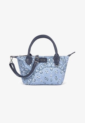 Petit sac à main en tissu bleu avec motif cachemire, poignées en cuir bleu foncé et bandoulière amovible, fermeture éclair sur le dessus.